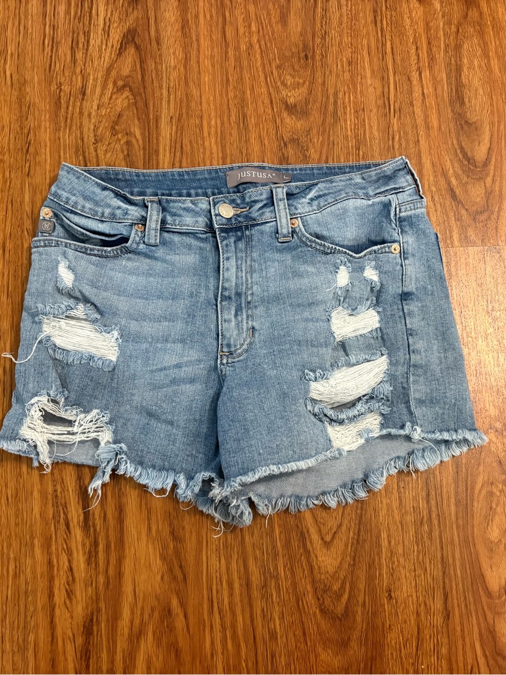 Just USA Distressed Light Blue Denim Cutoff Shorts - Size L/30”